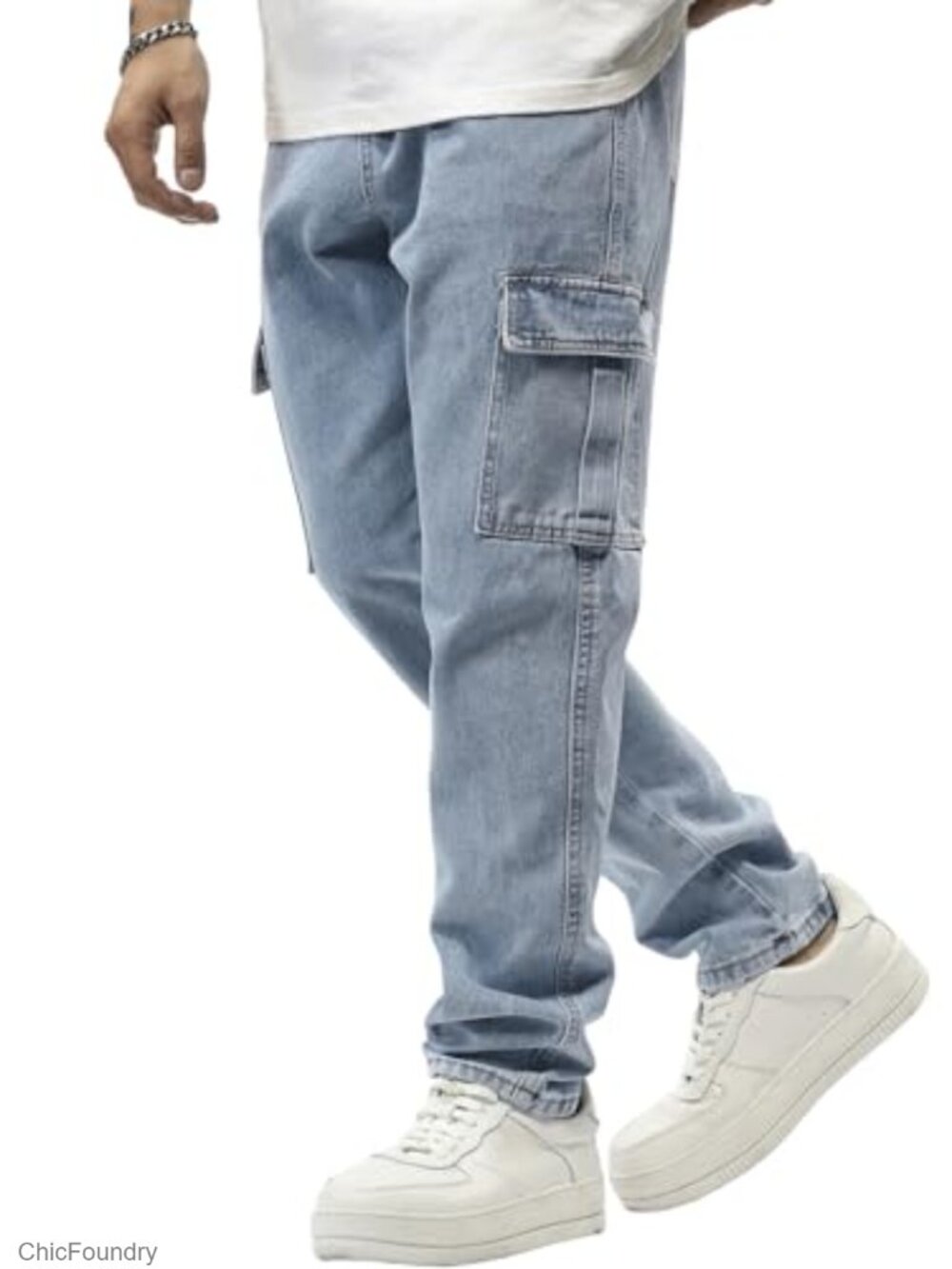 Men's Elastic Waist Cargo Jeans Stretch Denim Pants Drawstring Relaxed Fit